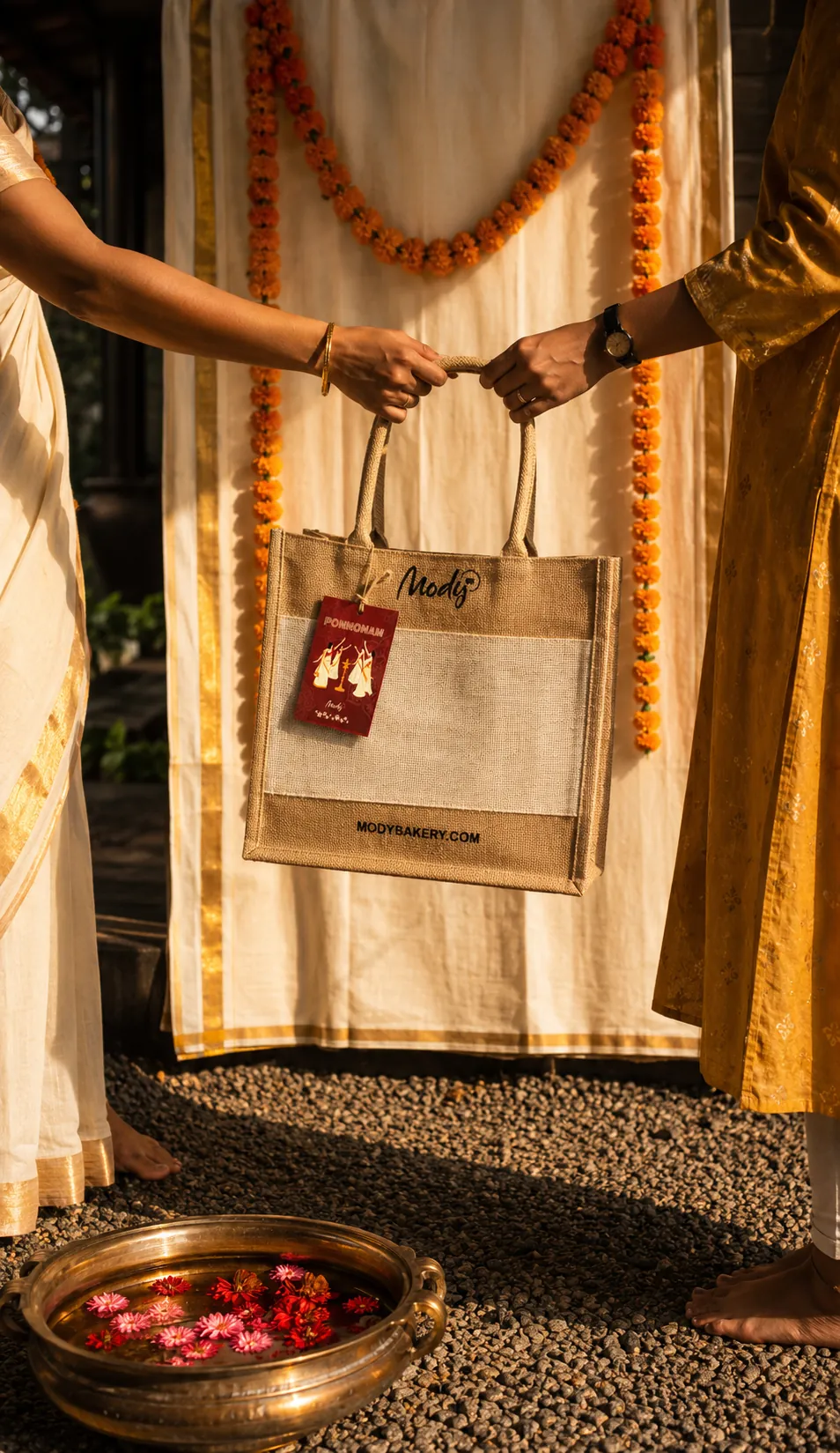 Two people hand over a Mody's Ponnonam jute gift bag beside a brass uruli of flowers