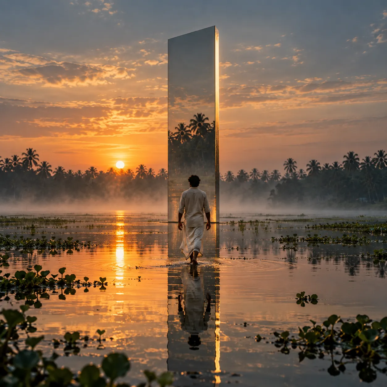 GenAI image: a mirrored monolith on the backwaters at sunrise